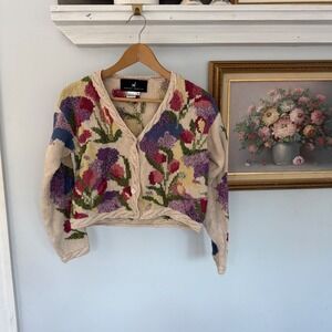 Peruvian Connection Pima Cotton Floral Knit Cardigan‎ Sweater – Size S Cream